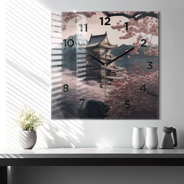 Wanduhr quadratisch Asiatischer Turm Kirschblüten
