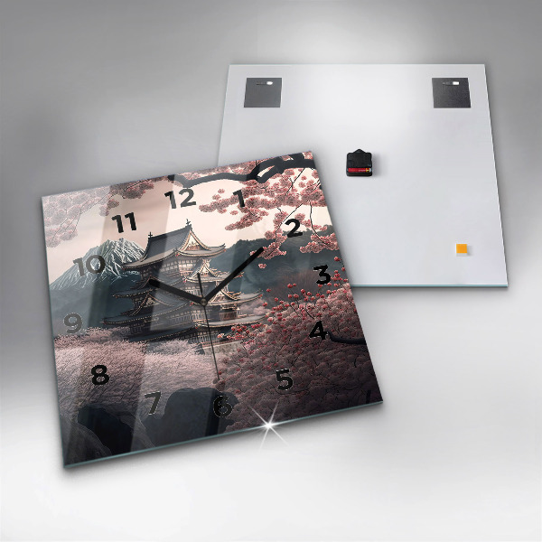 Wanduhr quadratisch Asiatischer Turm Kirschblüten