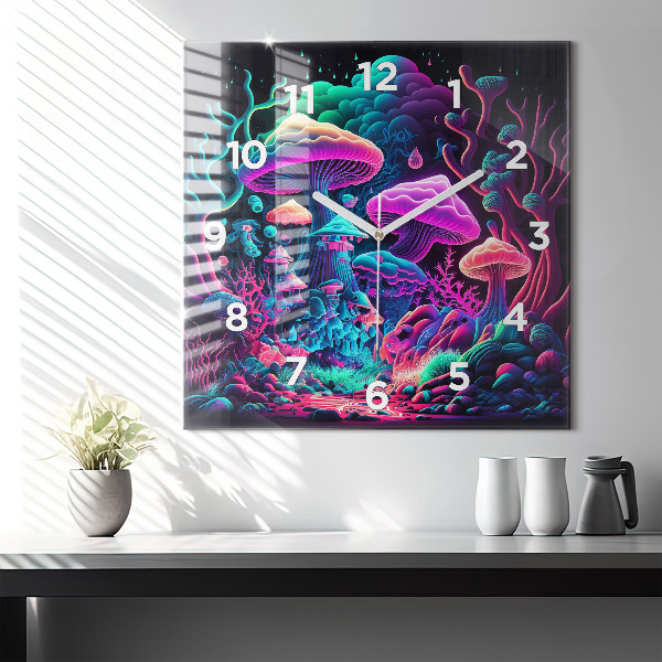 Wanduhr modern quadratisch Neon-Pilze