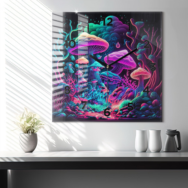 Wanduhr modern quadratisch Neon-Pilze