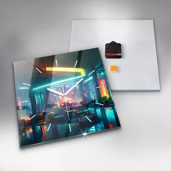Wanduhr quadratisch Stadt im Cyberpunk-Stil