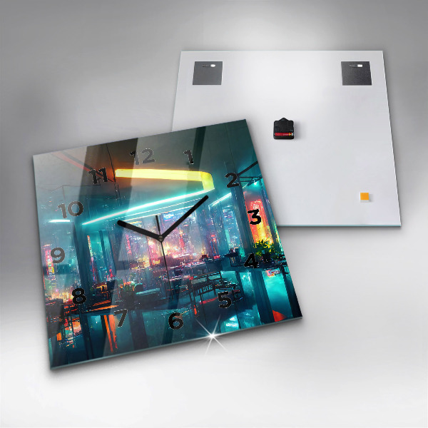 Wanduhr quadratisch Stadt im Cyberpunk-Stil
