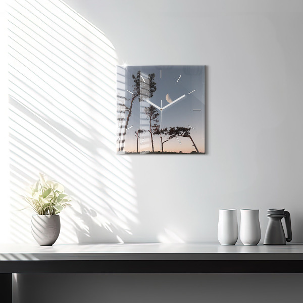 Wanduhr quadratisch mit motiv Mondsichel und Bäume