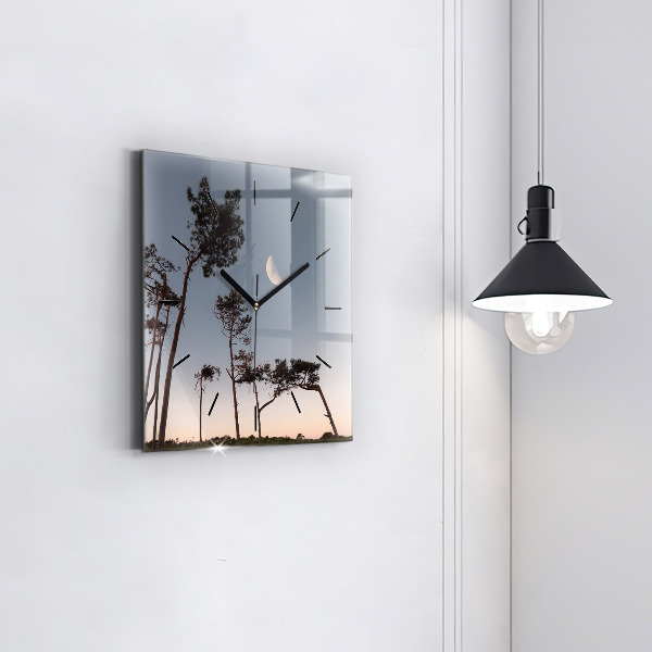 Wanduhr quadratisch mit motiv Mondsichel und Bäume