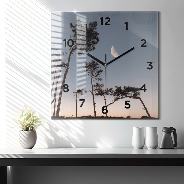 Wanduhr quadratisch mit motiv Mondsichel und Bäume
