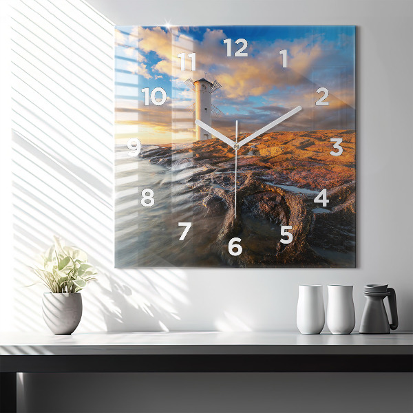 Wanduhr quadratisch Leuchtturm und die Ostsee