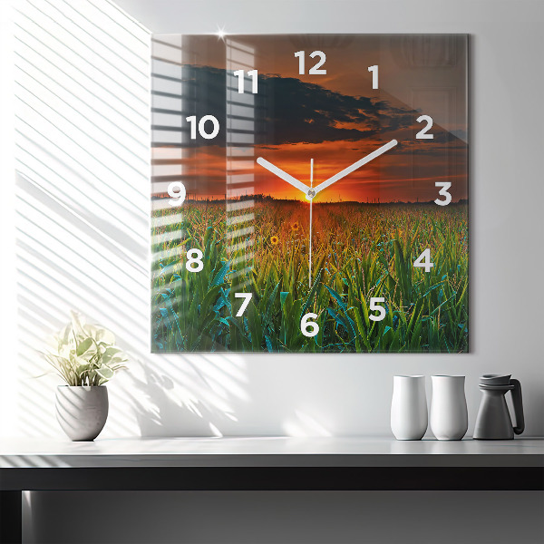 Wanduhr modern quadratisch Sonnenblumen auf einer Wiese