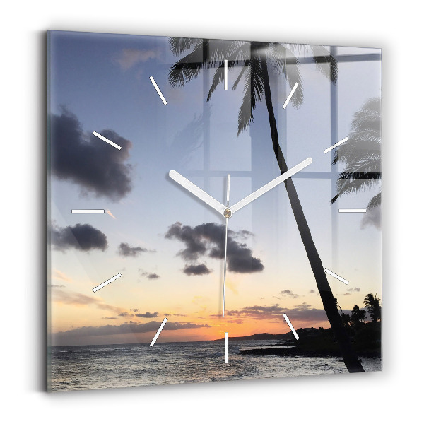 Wanduhr modern quadratisch Palme und Sonnenaufgang