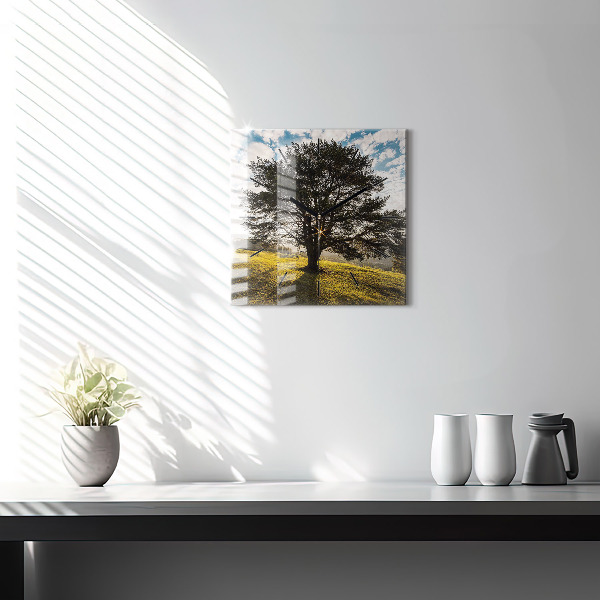 Wanduhr quadratisch Baum auf einem Hügel