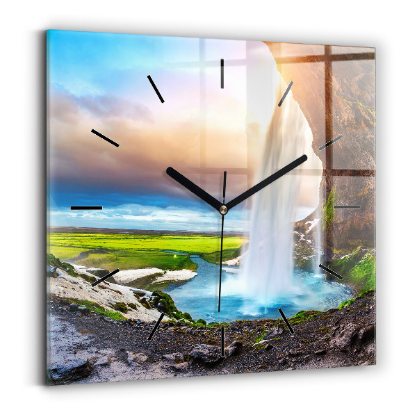 Wanduhr quadratisch mit motiv Wasserfall in Island