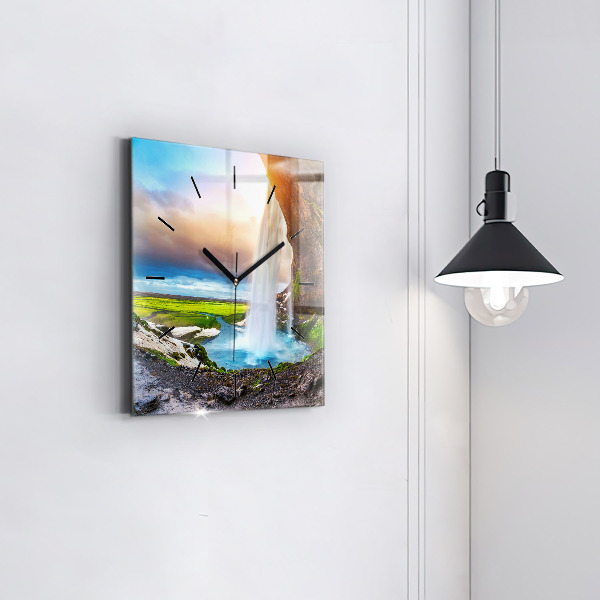 Wanduhr quadratisch mit motiv Wasserfall in Island