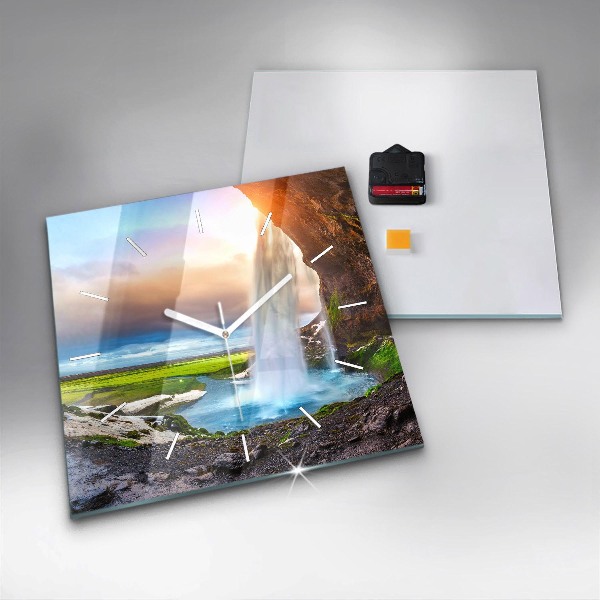 Wanduhr quadratisch mit motiv Wasserfall in Island