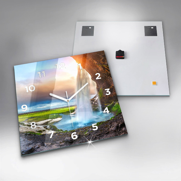 Wanduhr quadratisch mit motiv Wasserfall in Island