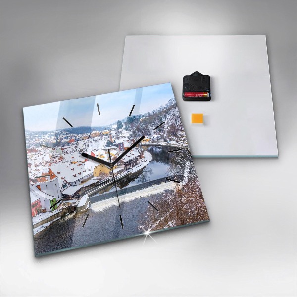 Wanduhr modern quadratisch Panorama einer Stadt im Winter