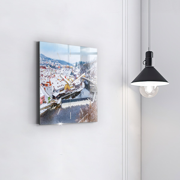 Wanduhr modern quadratisch Panorama einer Stadt im Winter