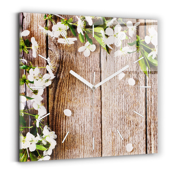 Wanduhr modern quadratisch Blumen auf Holz