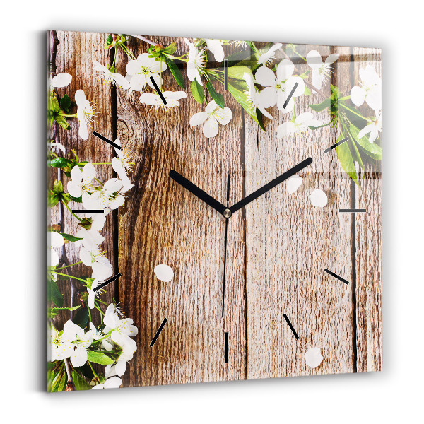 Wanduhr modern quadratisch Blumen auf Holz