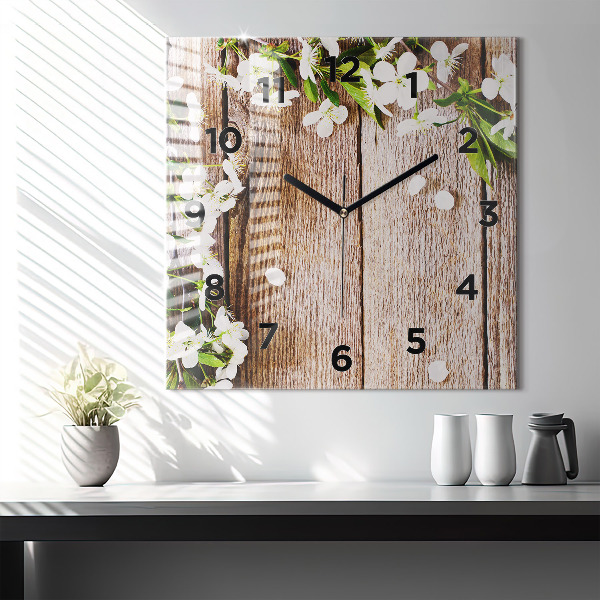 Wanduhr modern quadratisch Blumen auf Holz
