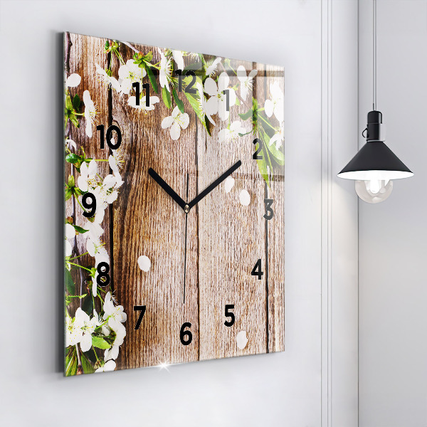 Wanduhr modern quadratisch Blumen auf Holz