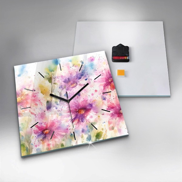 Wanduhr quadratisch Gemalte Blumen