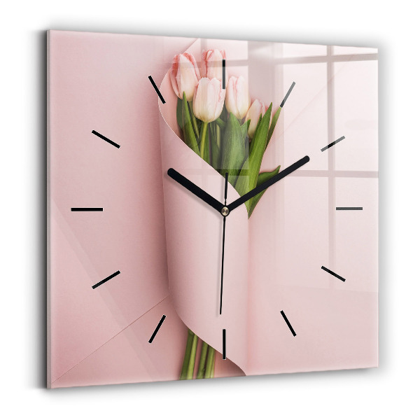 Wanduhr quadratisch Blumenstrauß aus Tulpenblüten