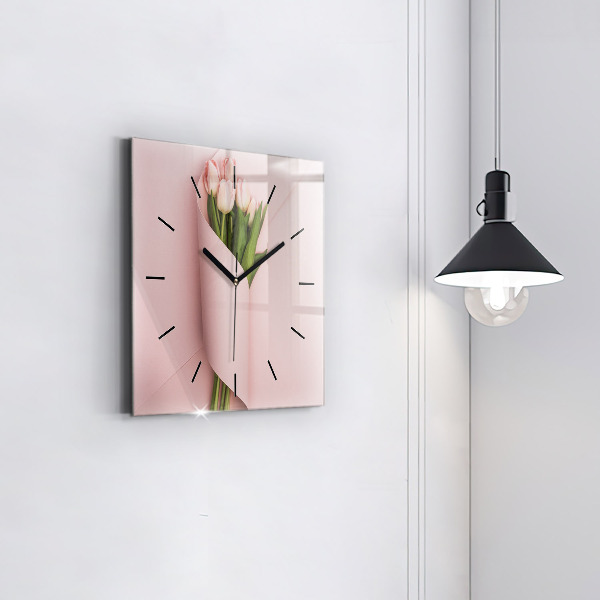 Wanduhr quadratisch Blumenstrauß aus Tulpenblüten