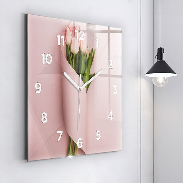 Wanduhr quadratisch Blumenstrauß aus Tulpenblüten