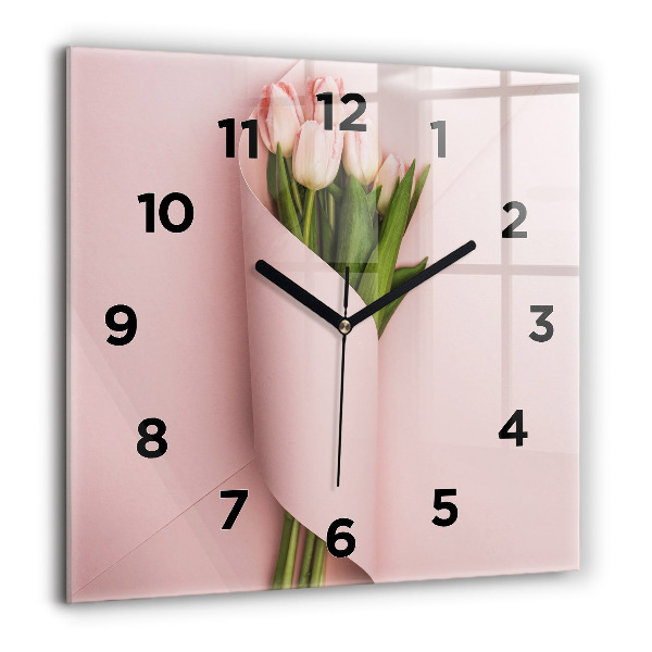 Wanduhr quadratisch Blumenstrauß aus Tulpenblüten