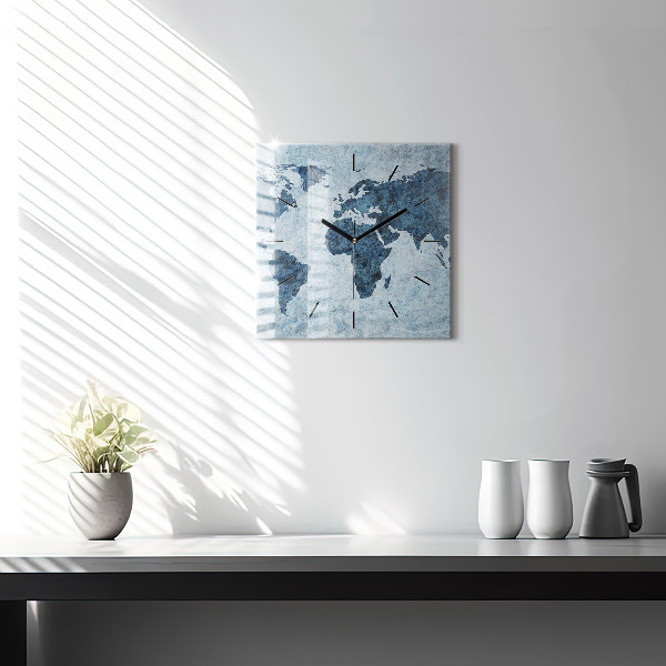 Wanduhr quadratisch Gemalte Weltkarte