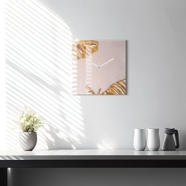 Wanduhr quadratisch Goldene tropische Blätter