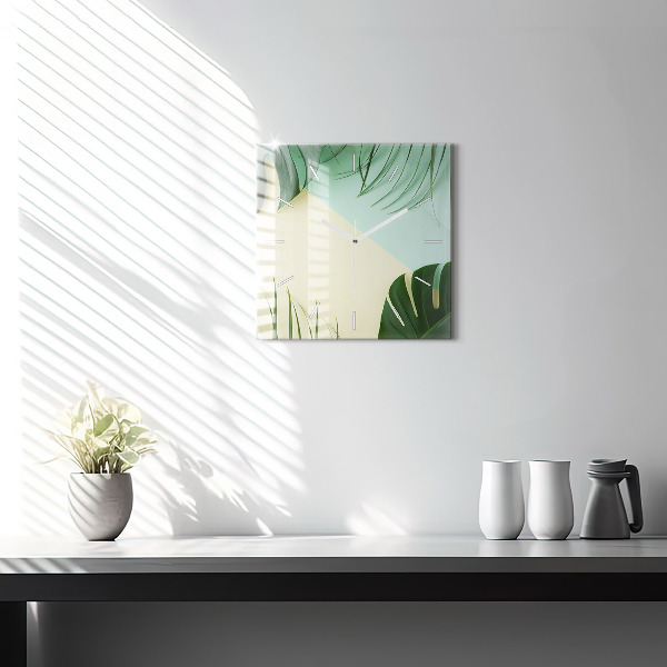Wanduhr modern quadratisch Monstera-Blätter