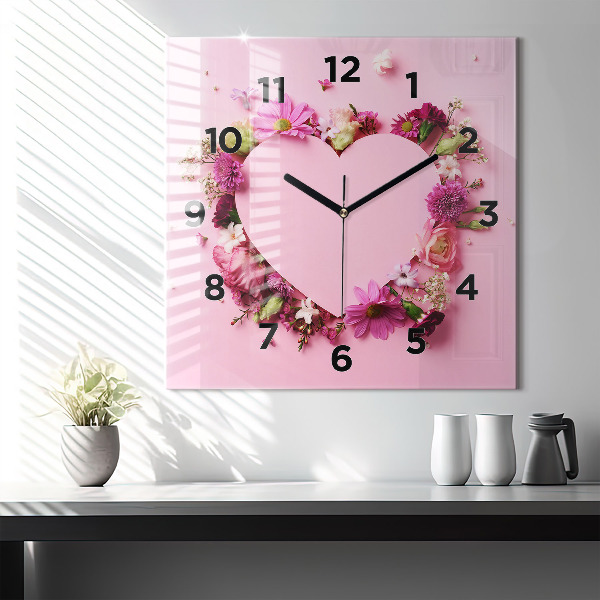 Wanduhr quadratisch mit motiv Herz aus Blumen