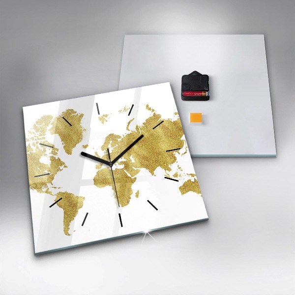 Wanduhr modern quadratisch Goldene Weltkarte