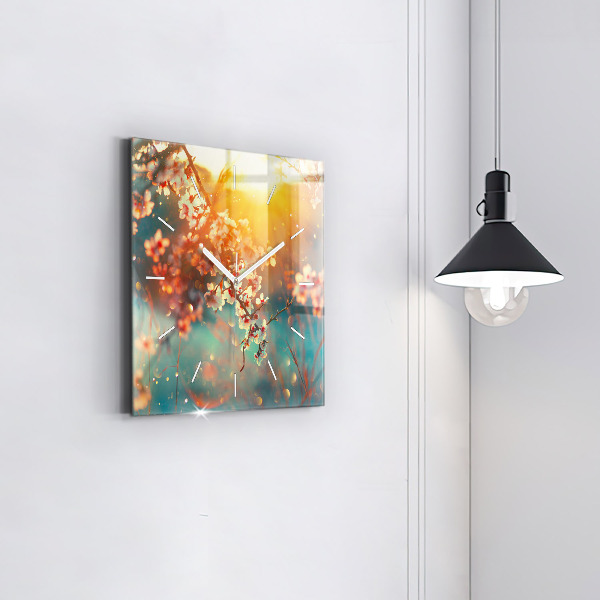 Wanduhr modern quadratisch Frühlingsblumen