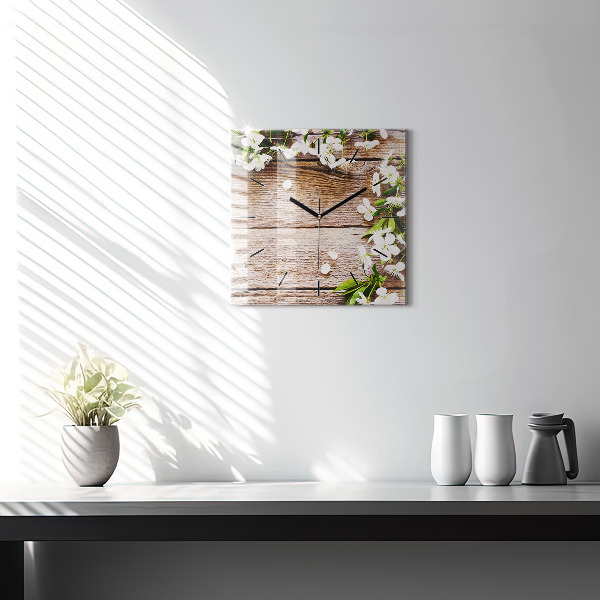 Wanduhr quadratisch Blumen auf Holz