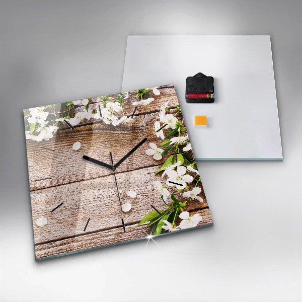 Wanduhr quadratisch Blumen auf Holz