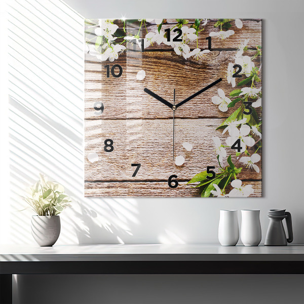 Wanduhr quadratisch Blumen auf Holz