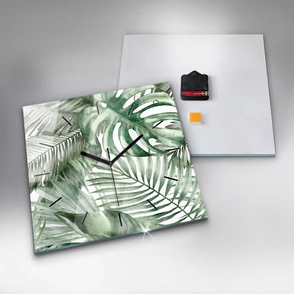 Wanduhr modern quadratisch Gemalte Pflanzenblätter