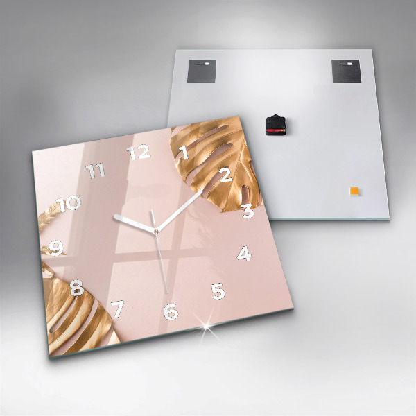 Wanduhr quadratisch mit motiv Goldene tropische Blätter