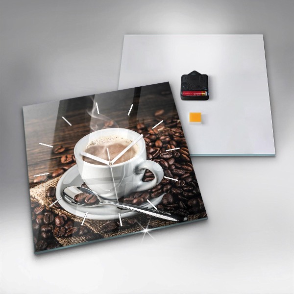 Wanduhr quadratisch Tasse und Kaffeebohnen