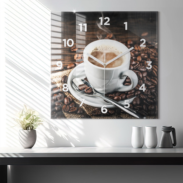 Wanduhr quadratisch Tasse und Kaffeebohnen