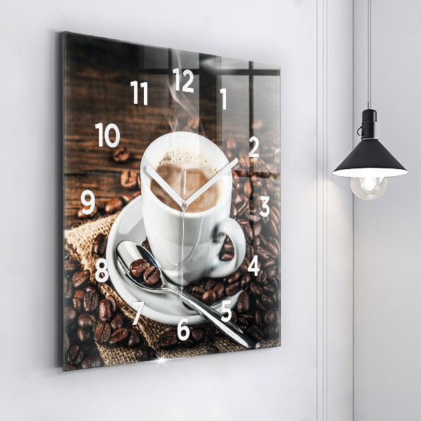 Wanduhr quadratisch Tasse und Kaffeebohnen