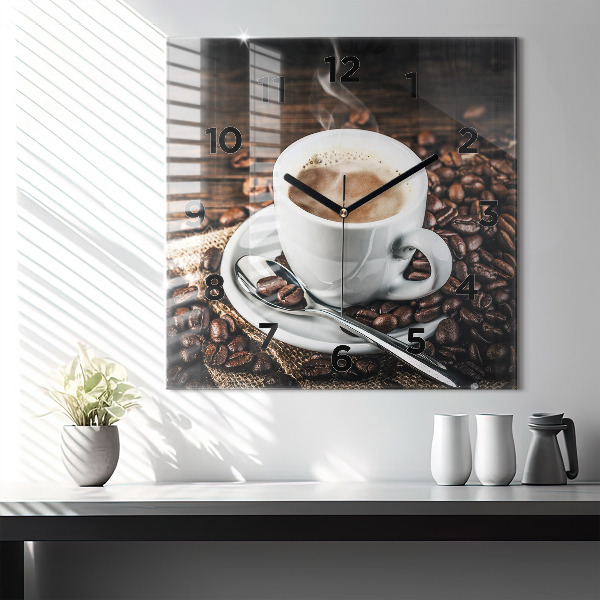 Wanduhr quadratisch Tasse und Kaffeebohnen