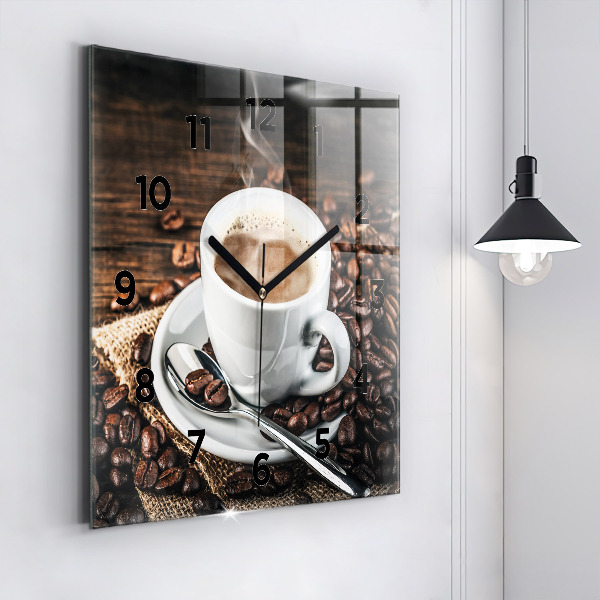 Wanduhr quadratisch Tasse und Kaffeebohnen
