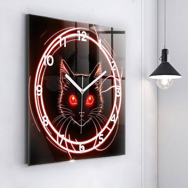 Wanduhr modern quadratisch Katze mit roten Augen
