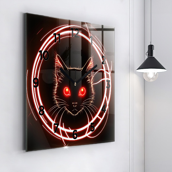 Wanduhr modern quadratisch Katze mit roten Augen