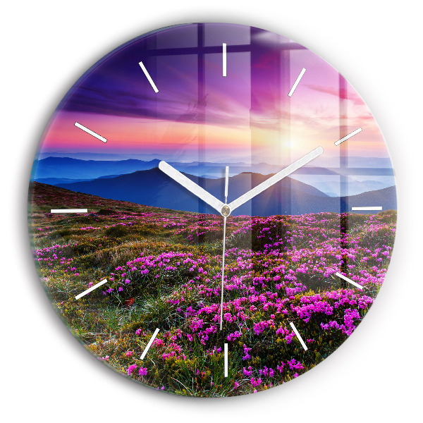 Wanduhr rund mit motiv Sonnenaufgang Blumen
