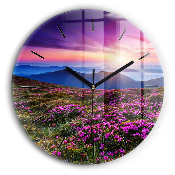 Wanduhr rund mit motiv Sonnenaufgang Blumen