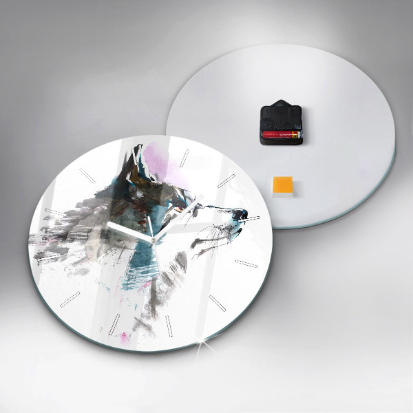 Wanduhr glas rund Profil eines gemalten Wolfes