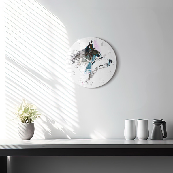 Wanduhr glas rund Profil eines gemalten Wolfes